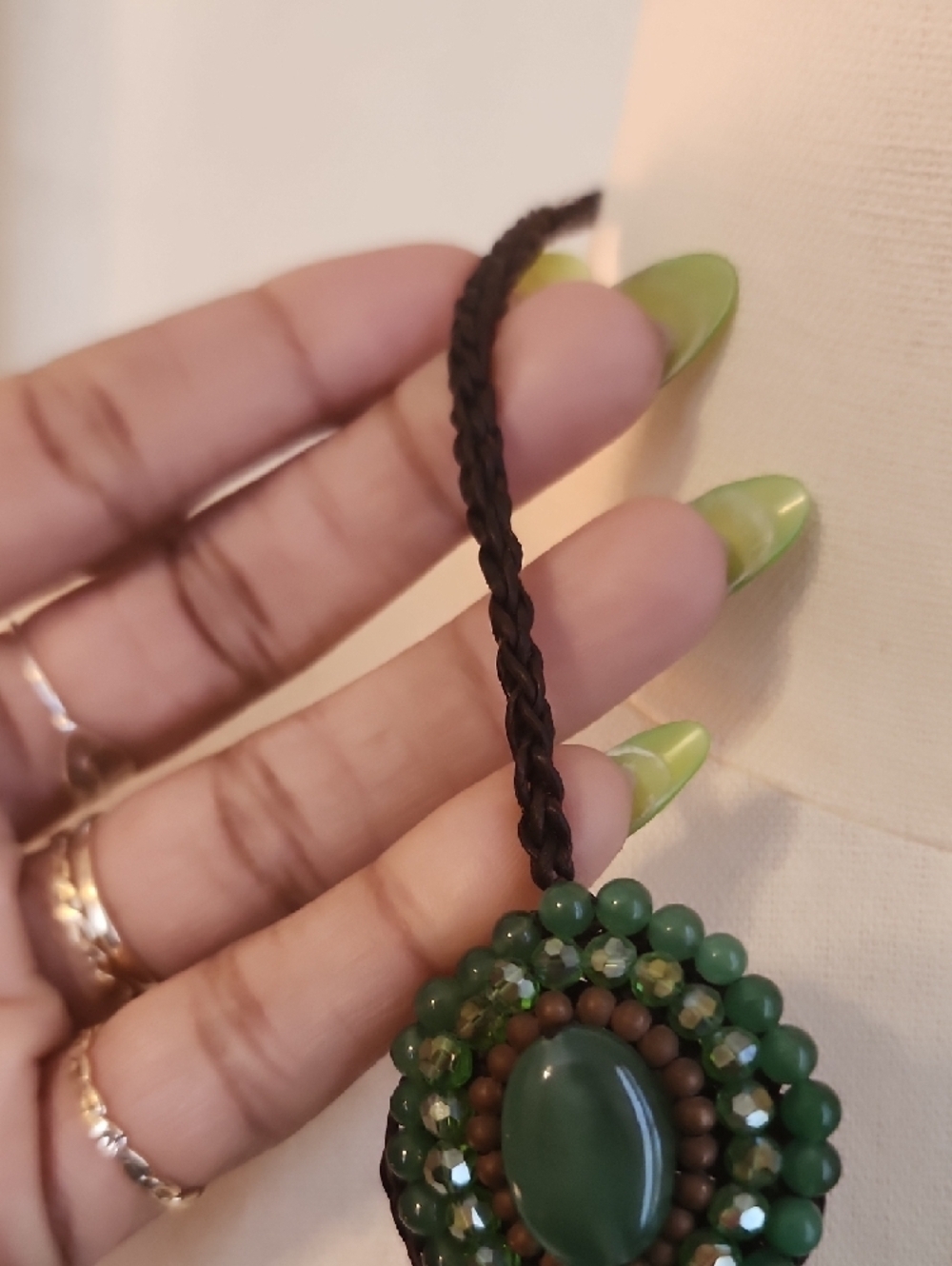 Green Beaded Statement Necklace Floral Cluster Bib Braided Cord - Picture 7 of 10